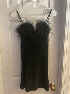 Black Velvet Mini dress with feather trim